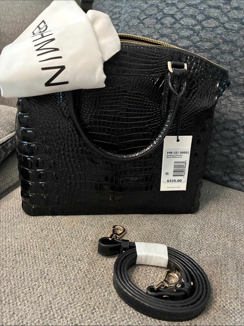 Brahmin Black Croc-Embossed Patent Leather Satchel with Gold Accents - Picture 4 of 5